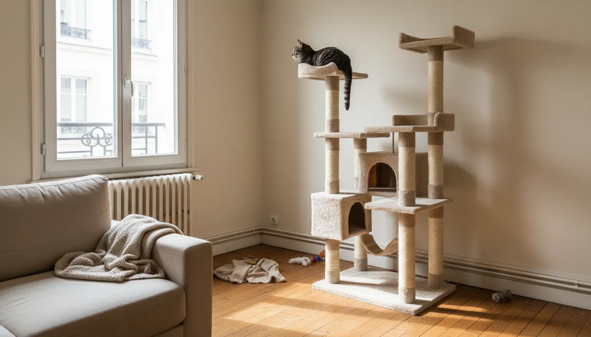 Un chat tigré allongé au sommet d'un arbre à chat beige à plusieurs plateformes, dans l'angle d'un salon, près de la fenêtre.