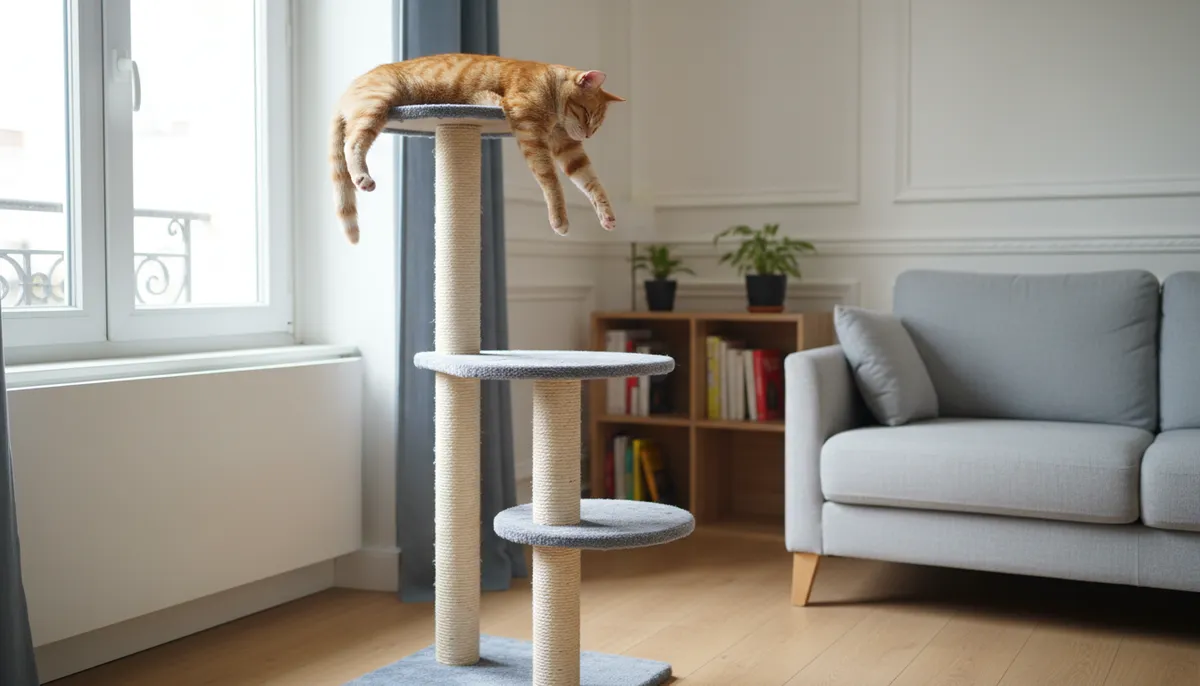 Un chat tigré se repose sur la plateforme supérieure d'un arbre à chat fin et haut du sol au plafond, dans le coin d'un salon lumineux.
