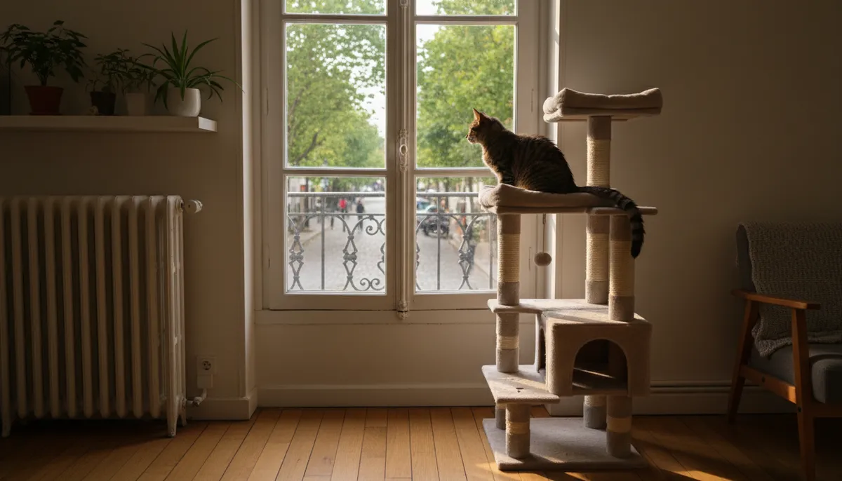 Un chat tigré est assis sur la plateforme rembourrée d'un arbre à chat compact, observant la rue et les arbres par la fenêtre.