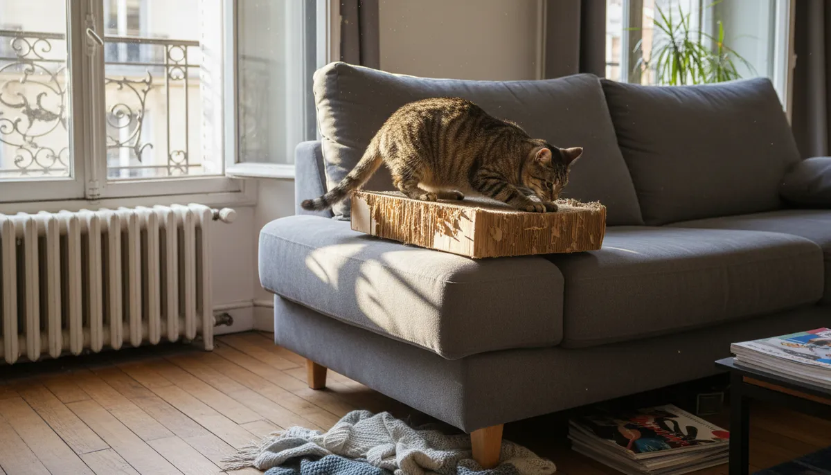 Un chat tigré se fait les griffes sur un griffoir en carton posé sur l'assise d'un canapé gris, dans un salon lumineux.