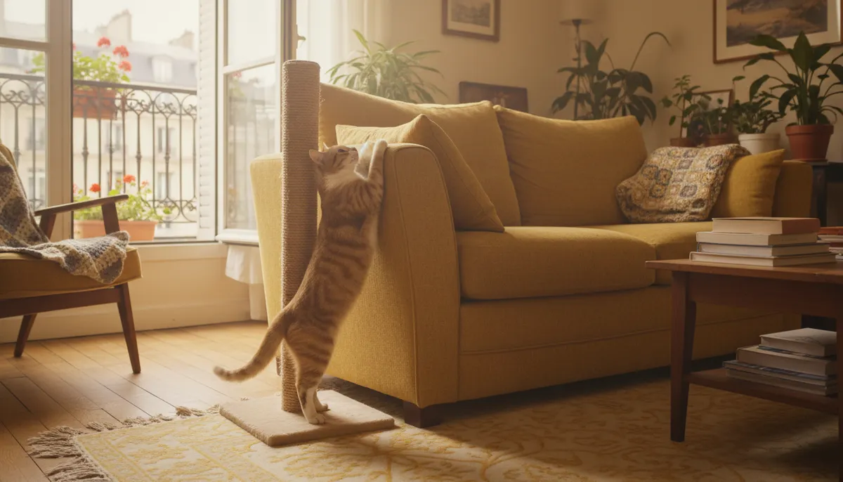 Un chat tigré utilise son grand poteau en sisal, placé près de l'accoudoir d'un canapé en tissu dans un salon parisien ensoleillé.
