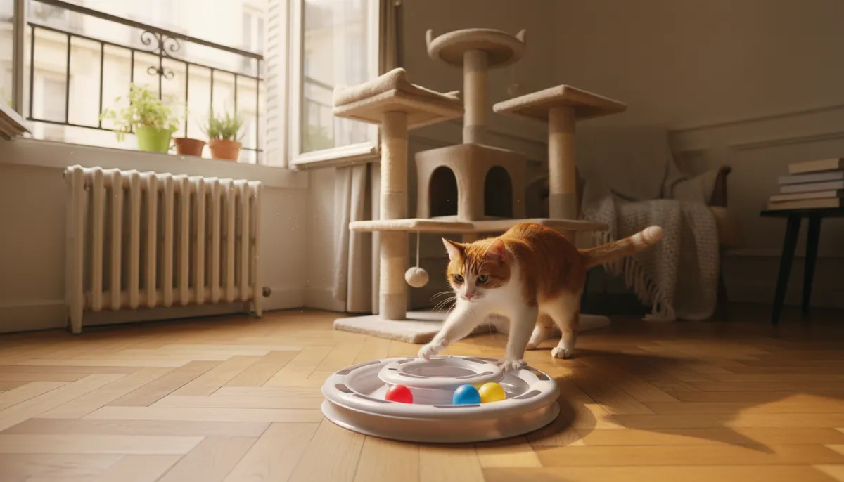 Un chat roux et blanc tend la patte vers les balles d'un circuit de jeu posé sur le parquet, devant un arbre à chat.