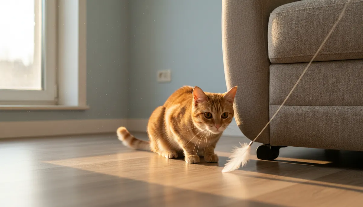Un chat tigré se tapit sur un parquet en bois, prêt à bondir sur une plume qui disparaît derrière un canapé.