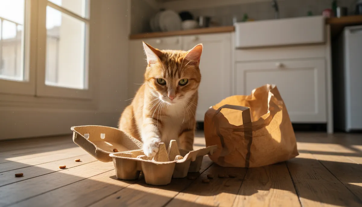 Un chat tigré joue avec une boîte à œufs en carton, cherchant des croquettes cachées dans la cuisine d'un appartement lumineux.